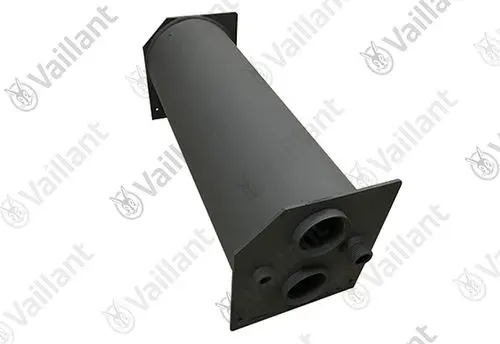 Grauer Wärmetauscher mit rechteckiger Basis, mehreren Anschlüssen und der Marke Vaillant. Das Produkt hat eine zylindrische Form und ist für Heizsysteme konzipiert.